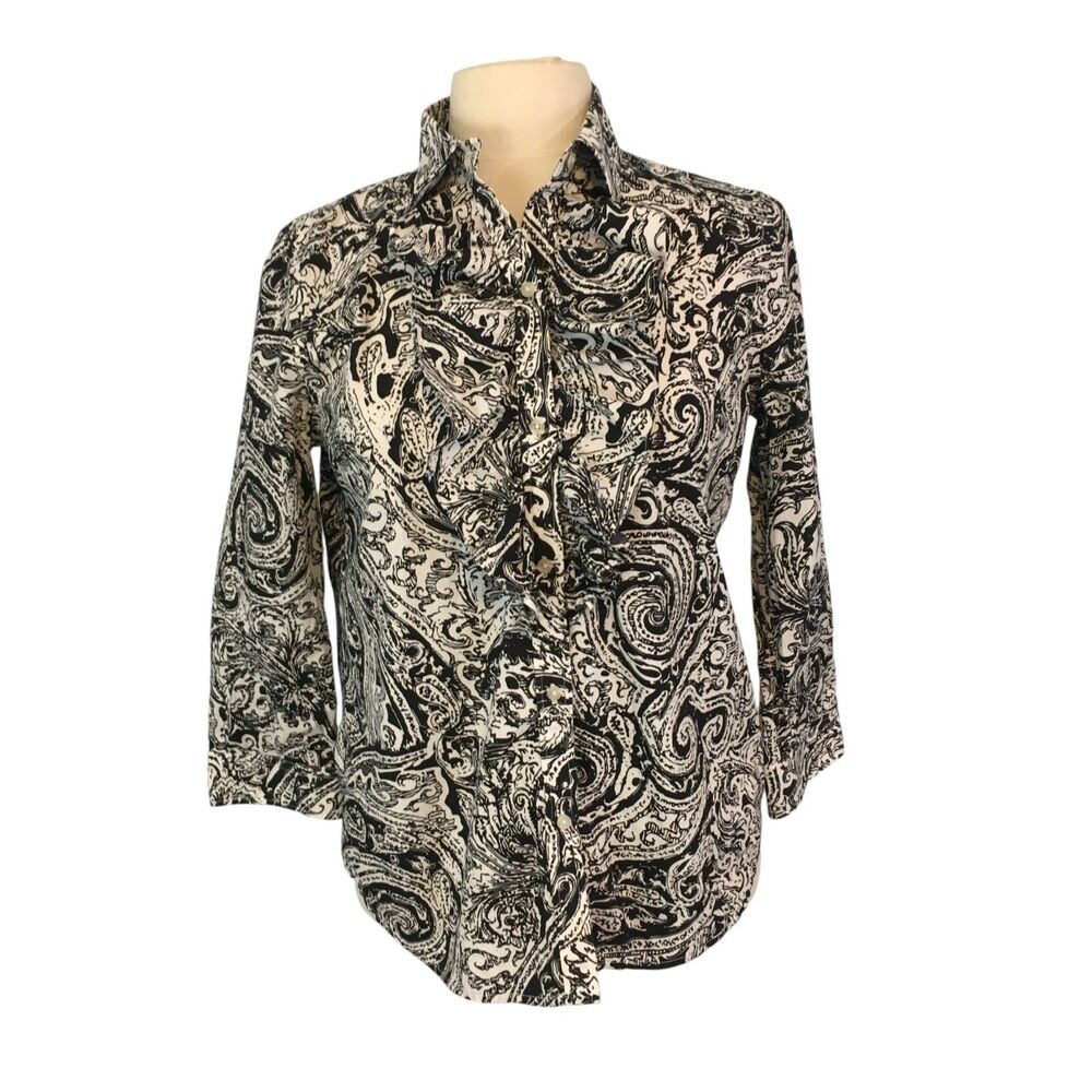 Lauren Ralph Lauren Womens‎ Black White Paisley Ruffle Front Blouse, Shirt M